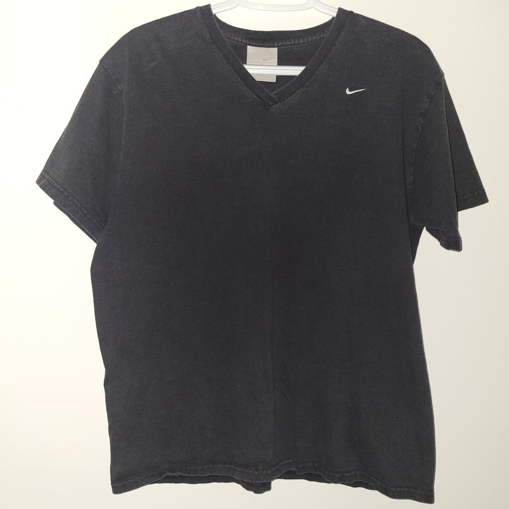 Vintage Y2K Nike V-Neck T-Shirt Women's Size XL Swoosh Embroidered Black‎